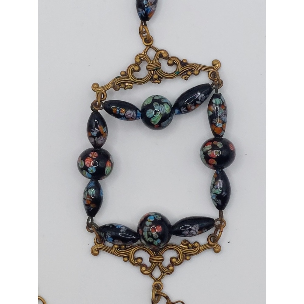 Necklace Romantic Millefiori Black Glass Bead Floral 24" Brass Vintage Estate
